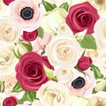 Seamless background with red, pink and white flowers. Vector illustration. Royalty Free Stock Photo