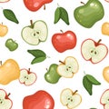 Seamless background of ripe apples on a white background. Yellow, green and red fruits, halves. Vector pattern in a cartoon simple Royalty Free Stock Photo