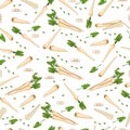 Seamless background of root parsley. Whole, half, and sliced parsley. Parsley with leaves. Organic and healthy, vegetarian