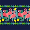 Seamless background. Seamless border. Pink Flamingo on a tropical background. Royalty Free Stock Photo