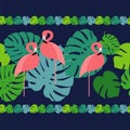 Seamless background. Seamless border. Pink Flamingo on a tropical background. Royalty Free Stock Photo