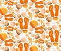 Seamless background of seashells, pebbles and beach footwear Design for a card use the install Design Royalty Free Stock Photo