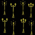 Seamless background of shining street lights silhouettes Royalty Free Stock Photo