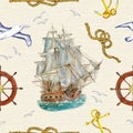 Seamless background with ship, gulls and sea symbols Royalty Free Stock Photo