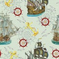 Seamless background with ships, anchor and gulls Royalty Free Stock Photo