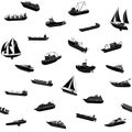 Seamless background of ships and boats. Barge and cargo ship, tanker, sailing vessel, cruise liner, tugboat, fishing and speed