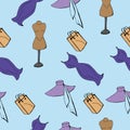 Seamless background with shopping sketches. Women`s hats and accessories on a blue background. Fashion background.