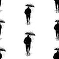 Seamless background of silhouette townsman walking under umbrella in rain Royalty Free Stock Photo