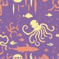 Seamless background of silhouettes cartoon underwater sea creatures