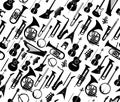 Seamless background with silhouettes of musical instruments black color isolated on white. Vector illustration Royalty Free Stock Photo