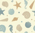 Seamless background with silhouettes of sea shells, seahorse and starfish Royalty Free Stock Photo