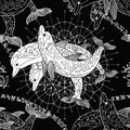 Seamless background with silhouettes of three dolphins and pattern circles on black Royalty Free Stock Photo