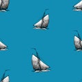 Seamless background of sketches ancient sailing boats in the sea