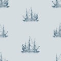 Seamless background of sketches ancient sailing ships in sea trip