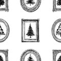 Seamless background of sketches christmas trees in various decorative picture frames