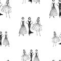 Seamless background of sketches of elegant women in evening gowns