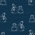 Seamless background with sketches joyful christmas snowmen