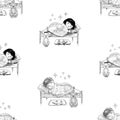Seamless background of sketches of little kids sleeping in their beds