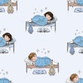 Seamless background of sketches little kids sleeping in their beds