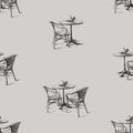 Seamless background of sketches tables and chairs in summer outdoors cafe on city street