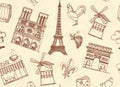 Seamless background with sketches on the theme of Paris and France