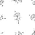 Seamless background of sketches umbrella flowers and flying bees
