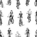 Seamless background of sketches of various cyclists riding forward Royalty Free Stock Photo