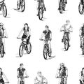 Seamless background of sketches of various cyclists riding forward