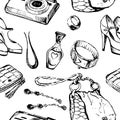 Seamless background of sketches various female things