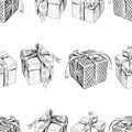 Seamless background of sketches of various gift boxes