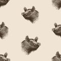 Seamless background of sketches of wild boar heads