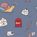 Seamless background with snail mail, letters, pen, envelope  with stamp Royalty Free Stock Photo