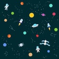 Seamless background of space objects. Planets, stars, constellations, comet, spaceship, ufo, cosmic stations, astronaut. Royalty Free Stock Photo