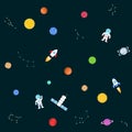 Seamless background of space objects. Planets, stars, constellations, comet, spaceship, ufo, cosmic stations, astronaut. Royalty Free Stock Photo