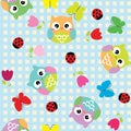 Seamless background with spring elements - owls, butterfly and flowers.