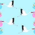 Seamless background with storks carrying newborn babies