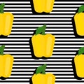 Seamless background with stripes and yellow peppers with dark shadow.