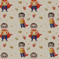 Seamless background - little superheroes. Two cute super-boys with a smile, glasses and curls in a long red raincoat. A