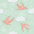 Seamless background with swallows, clouds and flowers.