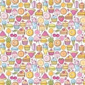 Seamless background of sweet and dessert doodle, cake, sweet donat, cookies and macaron