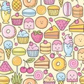 Seamless background of sweet and dessert doodle, cake, sweet donat, cookies and macaron