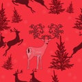 Seamless background. Symbol Christmas deer, Christmas tree. Red background.