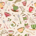 Seamless background of tea cups and spoons