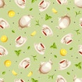 Seamless background with teapots, cups of tea, lemons and tea leaves. Vector illustration.