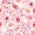 Seamless background texture with various pink flowers. Vector illustration.