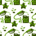 Seamless background on the theme of biodiesel, fuel in green colors. Dispenser gun, plants, drop, canister. Flat vector