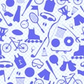 Seamless background on the theme of summer sports, blue outlines of sports equipment on a light background polka dot