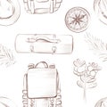 Seamless background on the theme of tourism, hike, camping, journey. Sketch drawing by hand. Vintage style. Cool