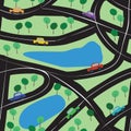Seamless background with toy cars, roads and trees