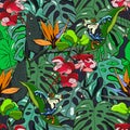 Seamless Background With Tree Frogs , Banana And Monstera Leaves And Tropical Flowers. Jungle Pattern For Textile Or Book Covers
